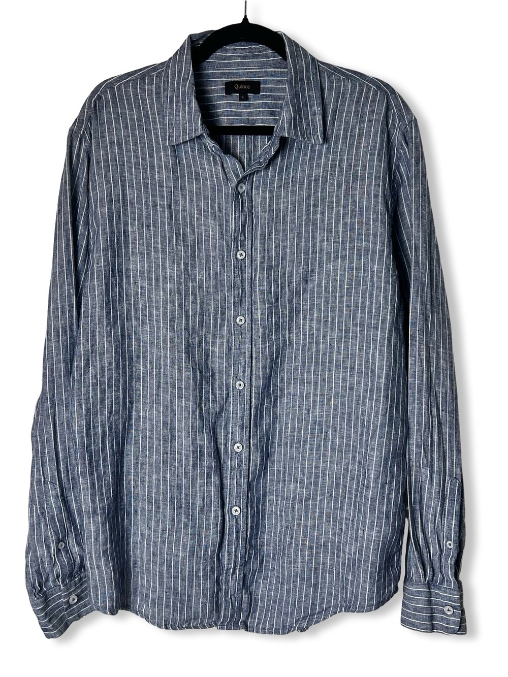Quince Mens 100% European Linen Relaxed Long Sleeve Shirt Chambray Stripe Sz. L